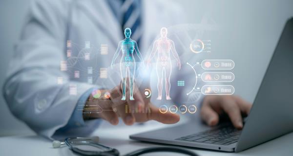 Holographic images of medical diagrams against a blurred researcher in a white coat